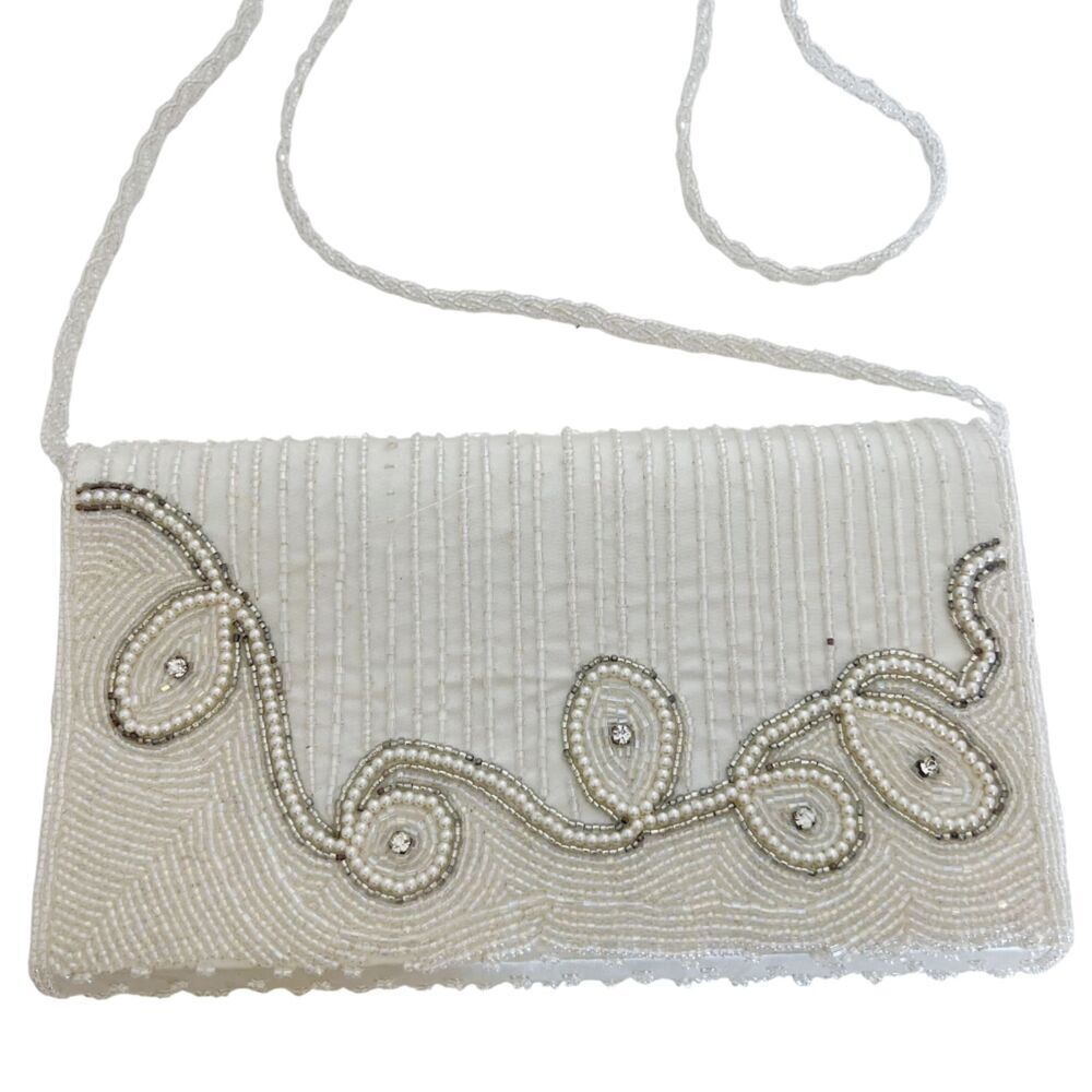 Vintage 80s La Regale White Beaded Evening Bag Clutch Structured - Picture 3 of 8